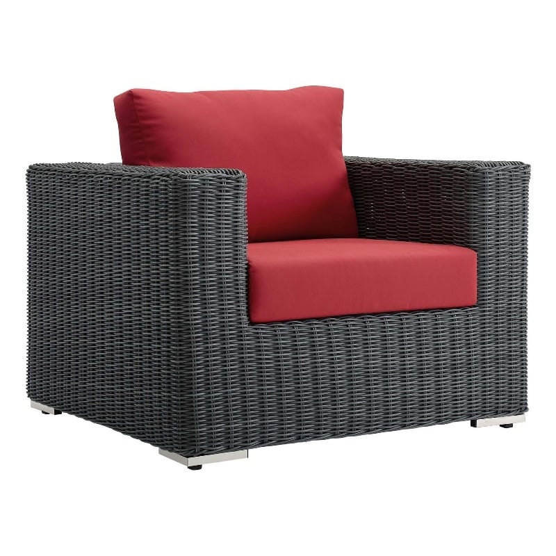 Modway Summon Aluminum Fabric and Rattan Patio Armchair in Canvas/Red