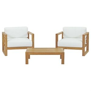 Modway Upland 3-Piece Teak Wood Patio Set with Coffee Table in Natural/White