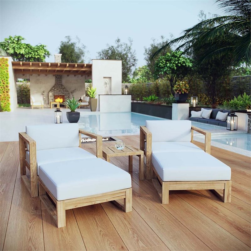 Modway Upland 5 Piece Teak Wood Patio Set in Natural and White