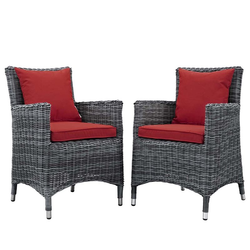 Modway Summon 2-Piece Rattan Fabric Patio Dining Chairs in Canvas Gray/Red