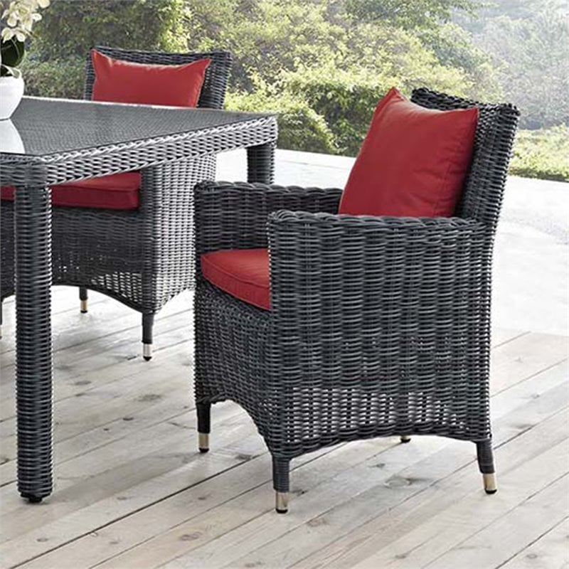 Modway Summon Dining Aluminum and Rattan Patio Armchair in Canvas/Red