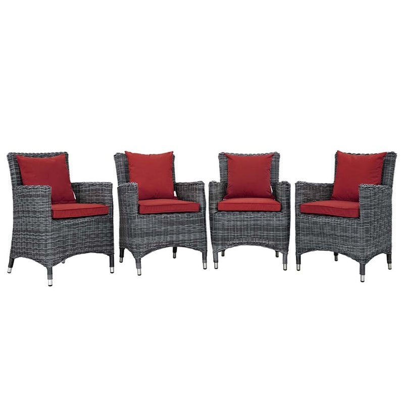 Modway Summon 4-Piece Rattan Fabric Patio Dining Chairs in Canvas Gray/Red