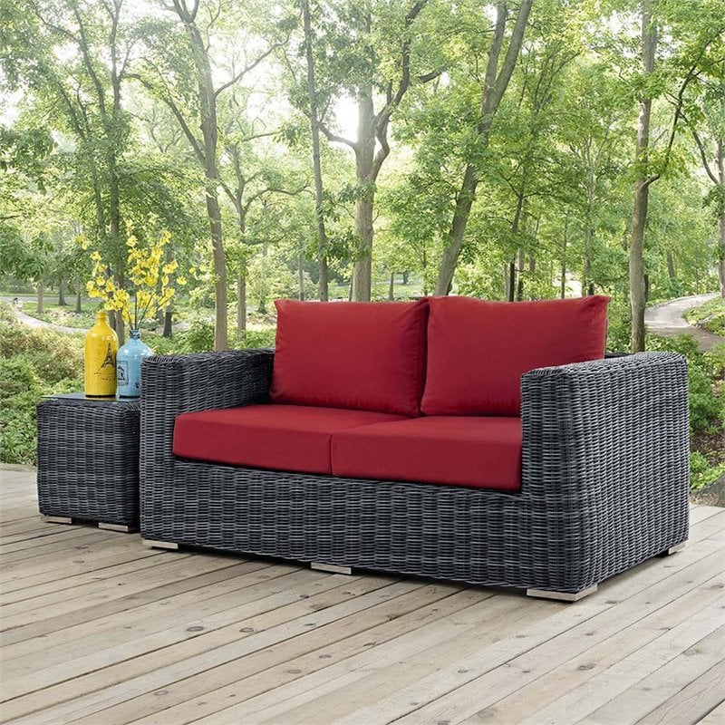 Modway Summon Aluminum and Rattan Patio Loveseat in Canvas/Red