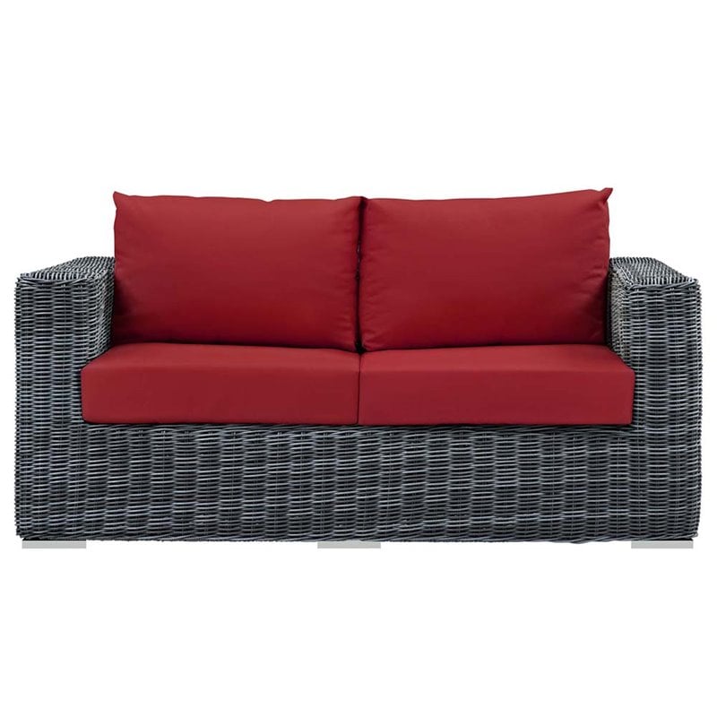 Modway Summon Aluminum and Rattan Patio Loveseat in Canvas/Red