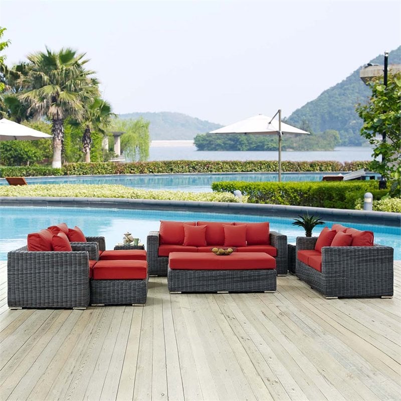 Modway Summon Aluminum and Rattan Patio Loveseat in Canvas/Red