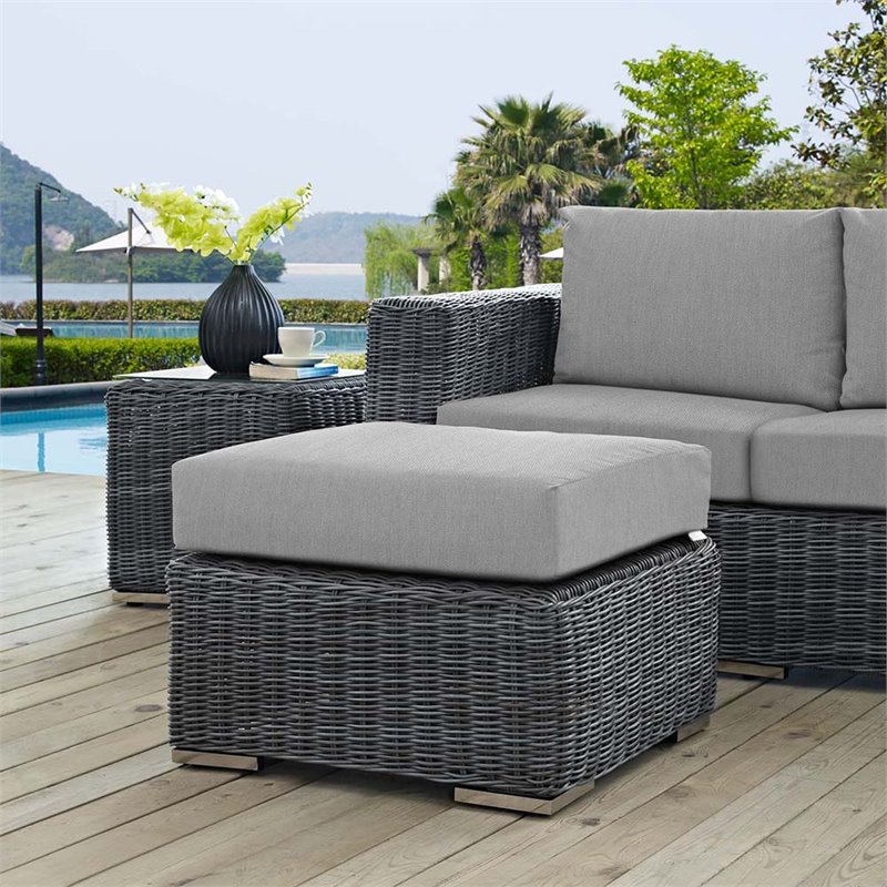 Modway Summon Aluminum and Rattan Patio Ottoman in Canvas/Gray