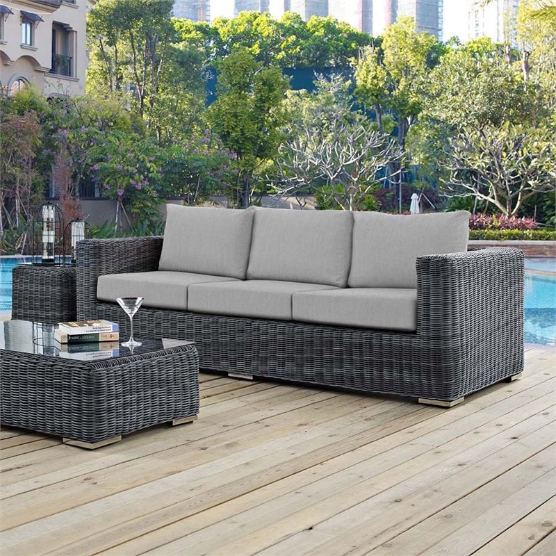 Modway Summon Modern Aluminum and Rattan Patio Sofa in Canvas/Gray