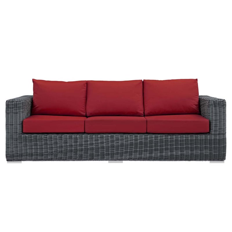 Modway Summon Modern Aluminum and Rattan Patio Sofa in Canvas/Red