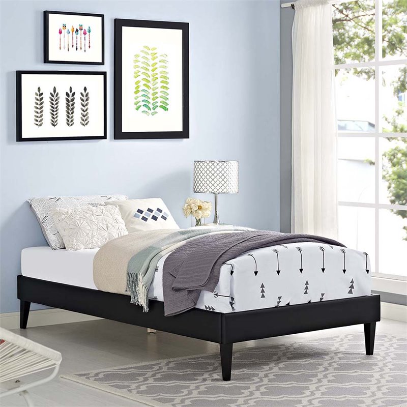 Tessie Vinyl Twin Bed Frame with Squared Tapered Legs in Black