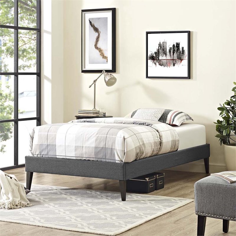Modway Tessie Twin Polyester Fabric Bed Frame with Squared Tapered Legs in Gray