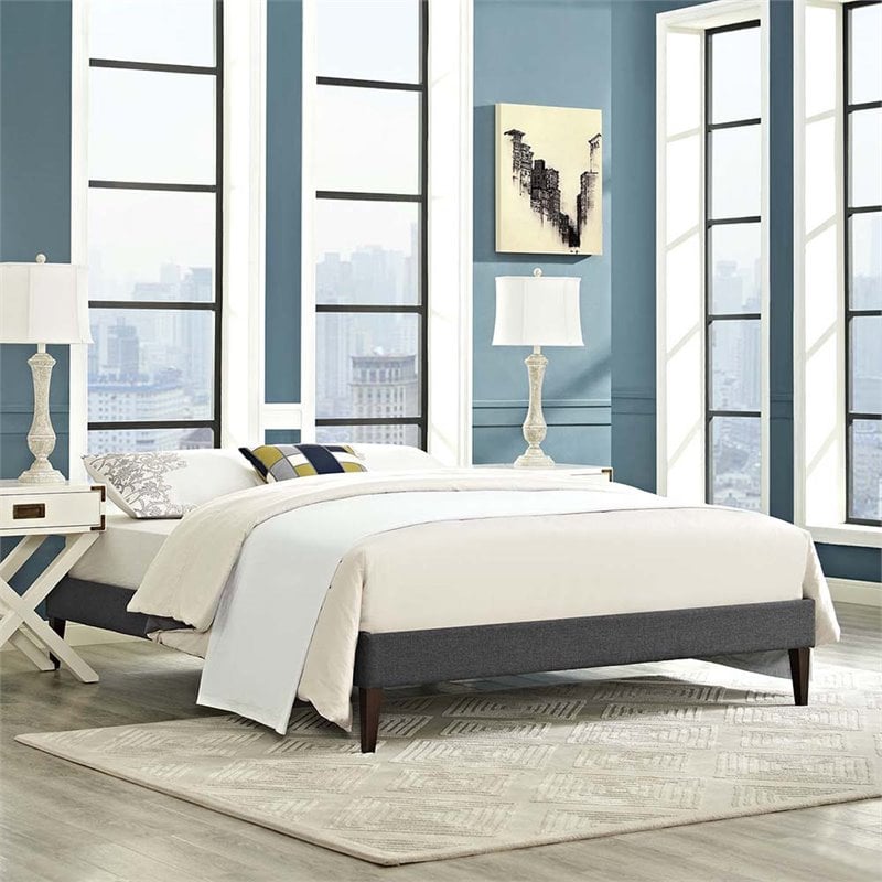 Modway Tessie Queen Polyester Fabric Bed Frame with Squared Tapered Legs in Gray