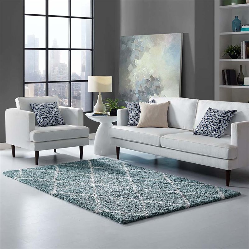 Modway Toryn 5' x 8' Diamond Lattice Shag Area Rug in Blue and Ivory