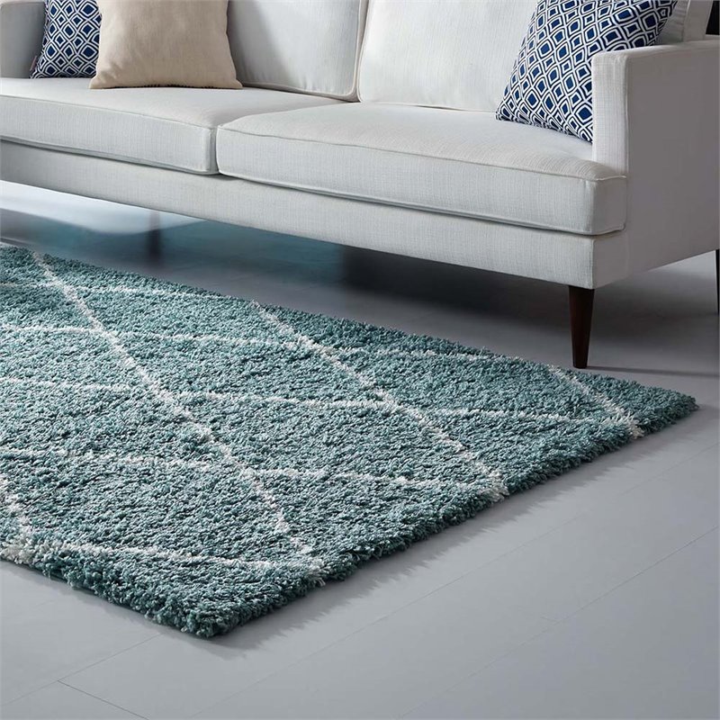 Modway Toryn 5' x 8' Diamond Lattice Shag Area Rug in Blue and Ivory