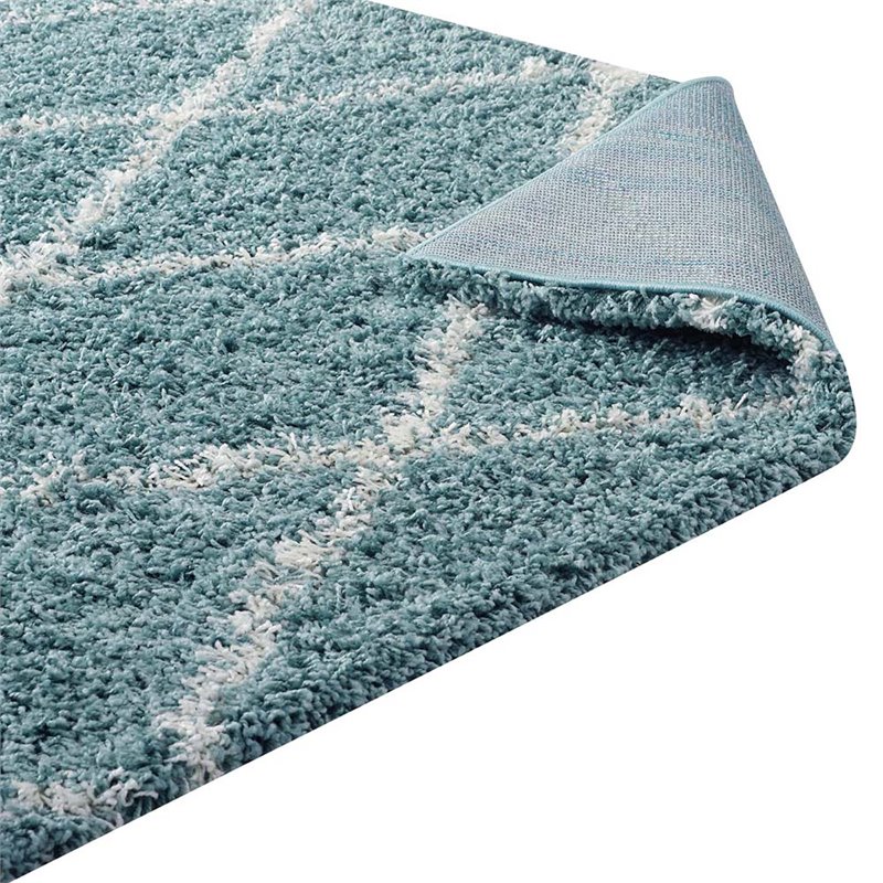Modway Toryn 8' x 10' Diamond Lattice Shag Area Rug in Blue and Ivory