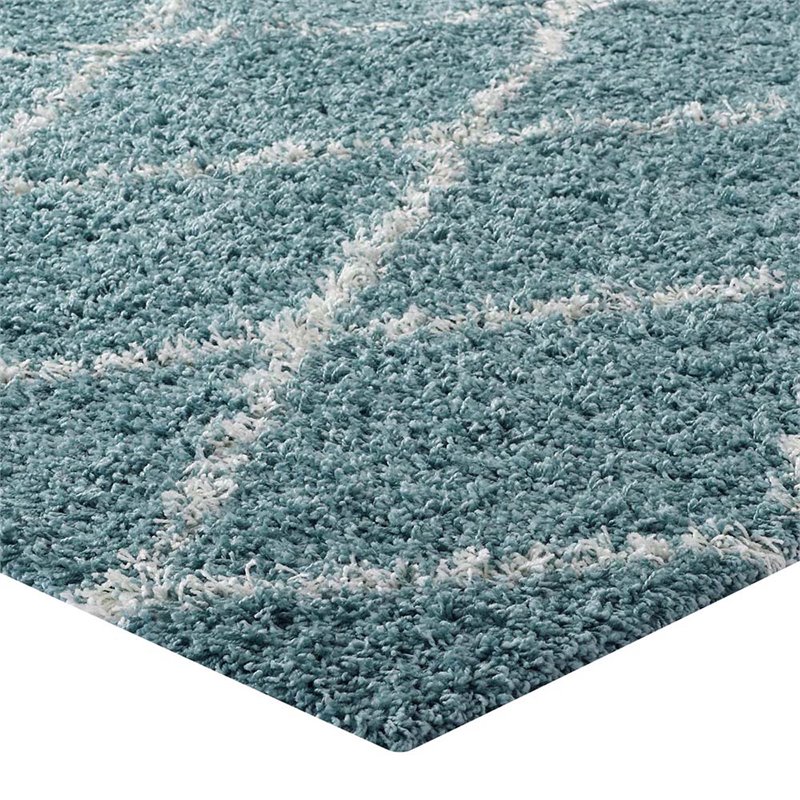 Modway Toryn 8' x 10' Diamond Lattice Shag Area Rug in Blue and Ivory