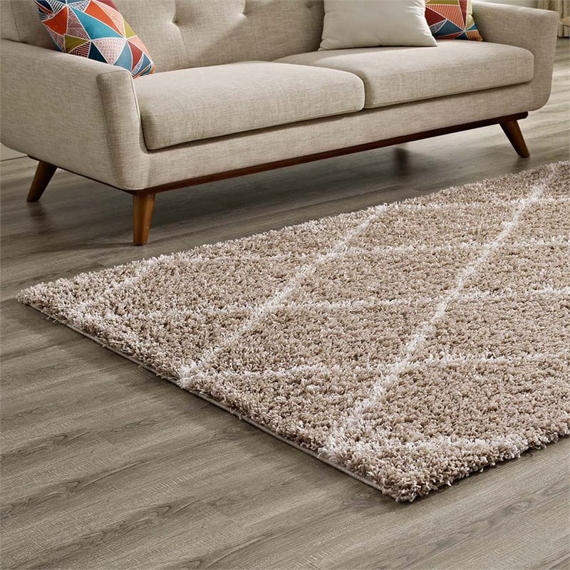 Modway Toryn 5' x 8' Diamond Lattice Shag Area Rug in Beige and Ivory