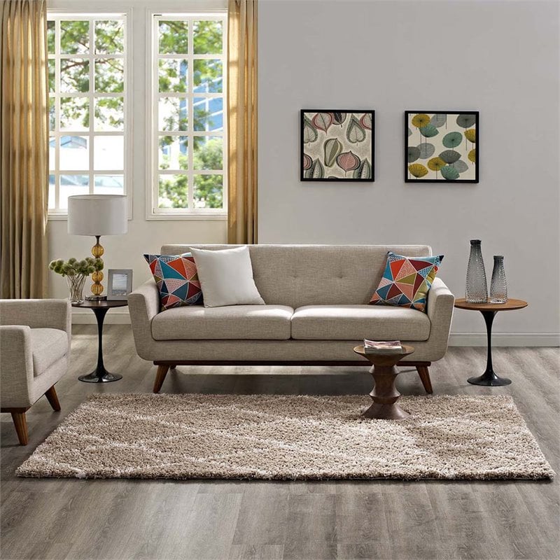 Modway Toryn 5' x 8' Diamond Lattice Shag Area Rug in Beige and Ivory