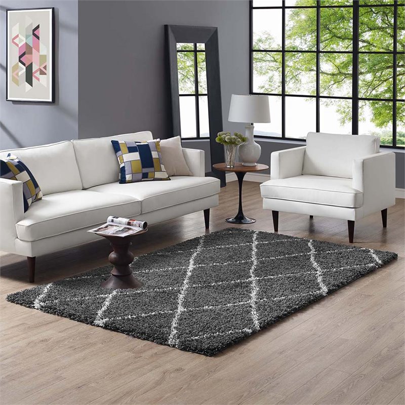 Modway Toryn 5' x 8' Diamond Lattice Shag Area Rug in Gray and Ivory
