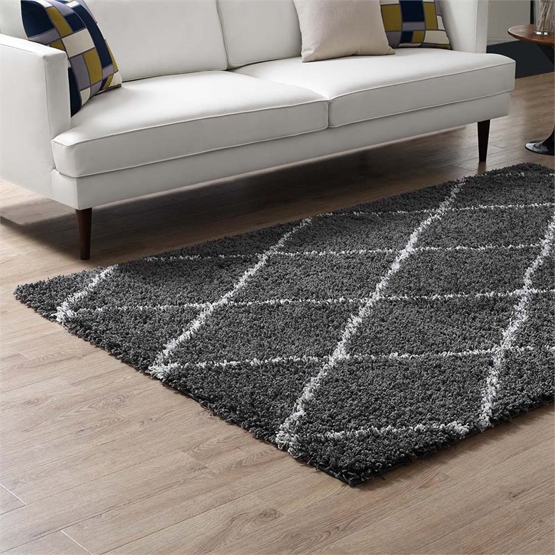 Modway Toryn 5' x 8' Diamond Lattice Shag Area Rug in Gray and Ivory