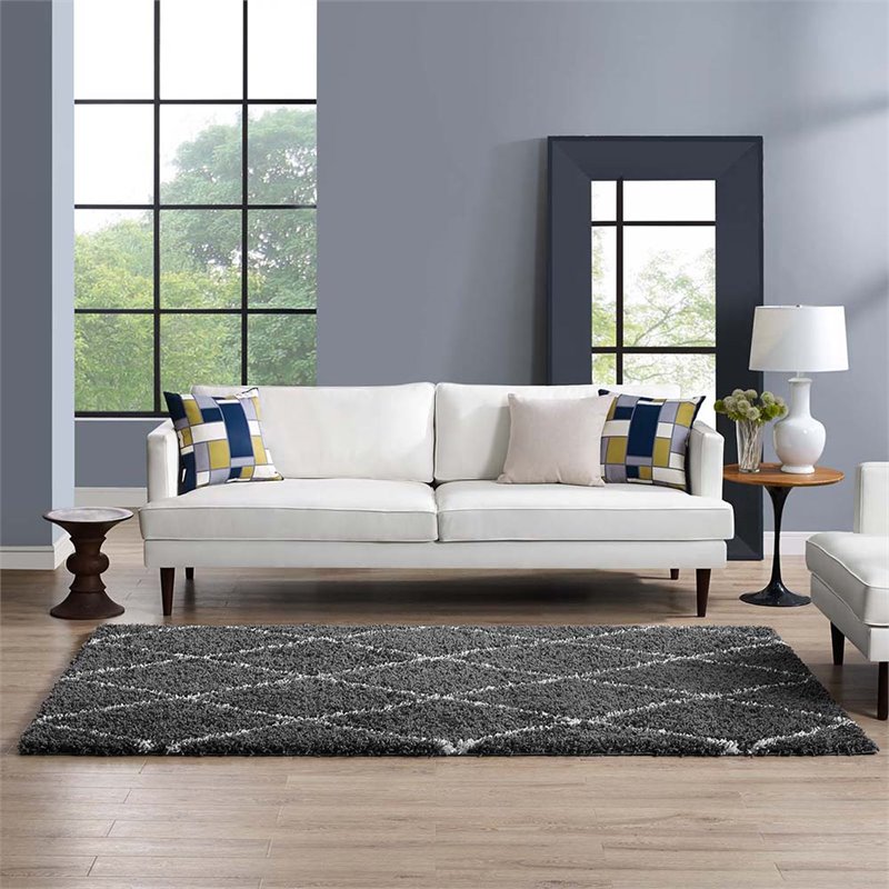 Modway Toryn 5' x 8' Diamond Lattice Shag Area Rug in Gray and Ivory