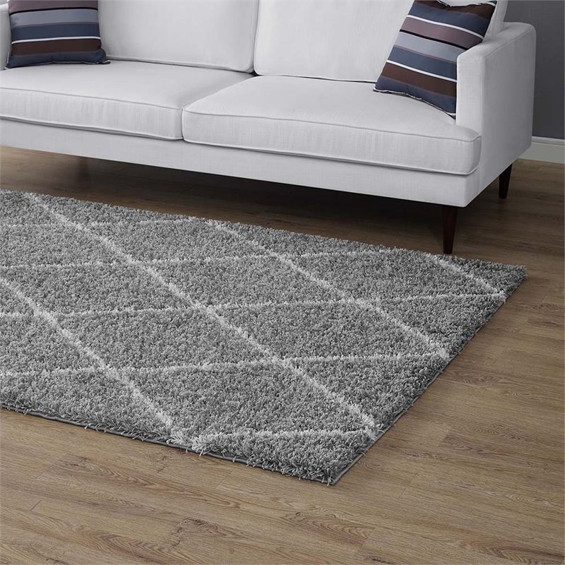 Modway Toryn 5' x 8' Diamond Lattice Shag Area Rug in Gray and Ivory