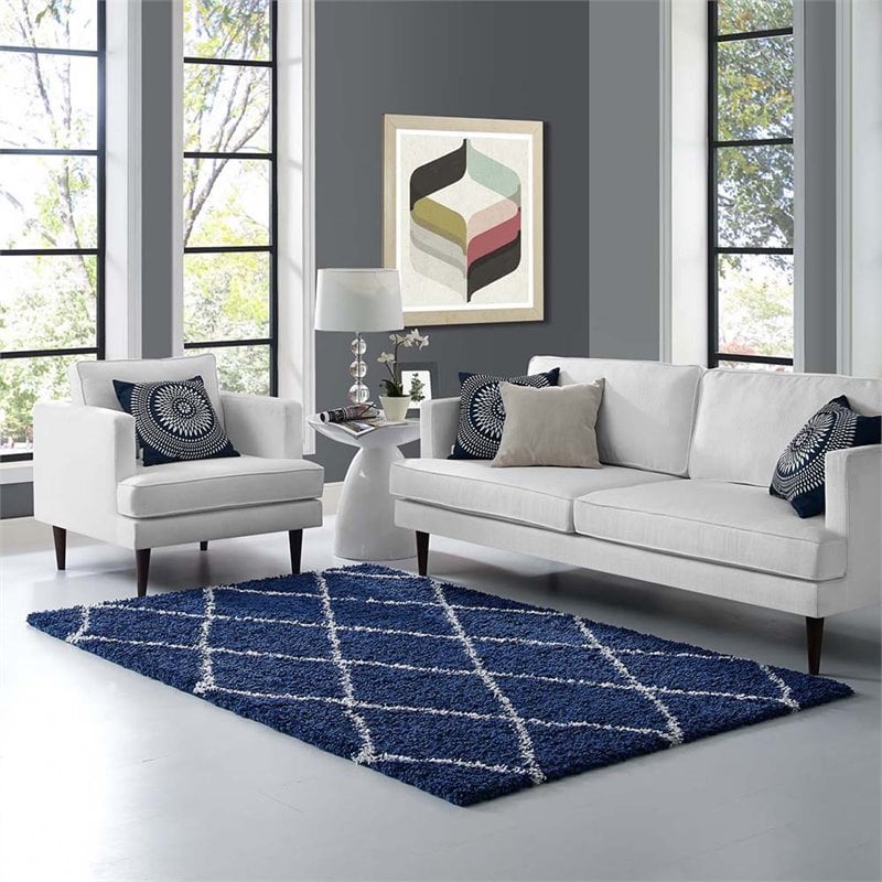 Modway Toryn 5' x 8' Diamond Lattice Shag Area Rug in Navy and Ivory