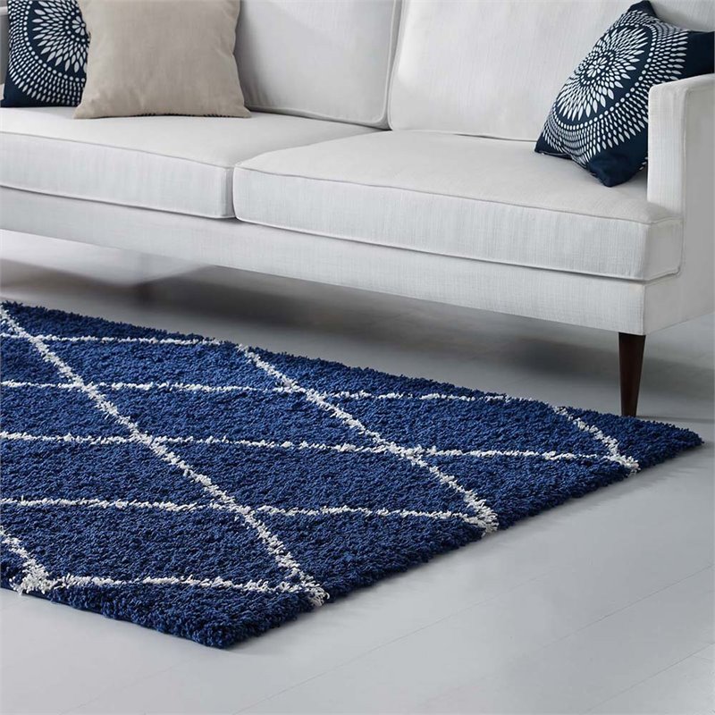 Modway Toryn 5' x 8' Diamond Lattice Shag Area Rug in Navy and Ivory