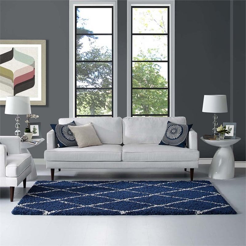 Modway Toryn 5' x 8' Diamond Lattice Shag Area Rug in Navy and Ivory