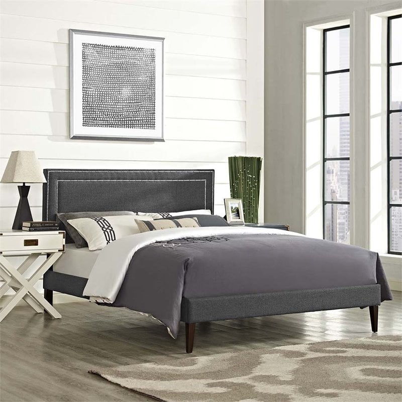 Modway Virginia Queen Fabric Platform Bed with Squared Tapered Legs in Gray