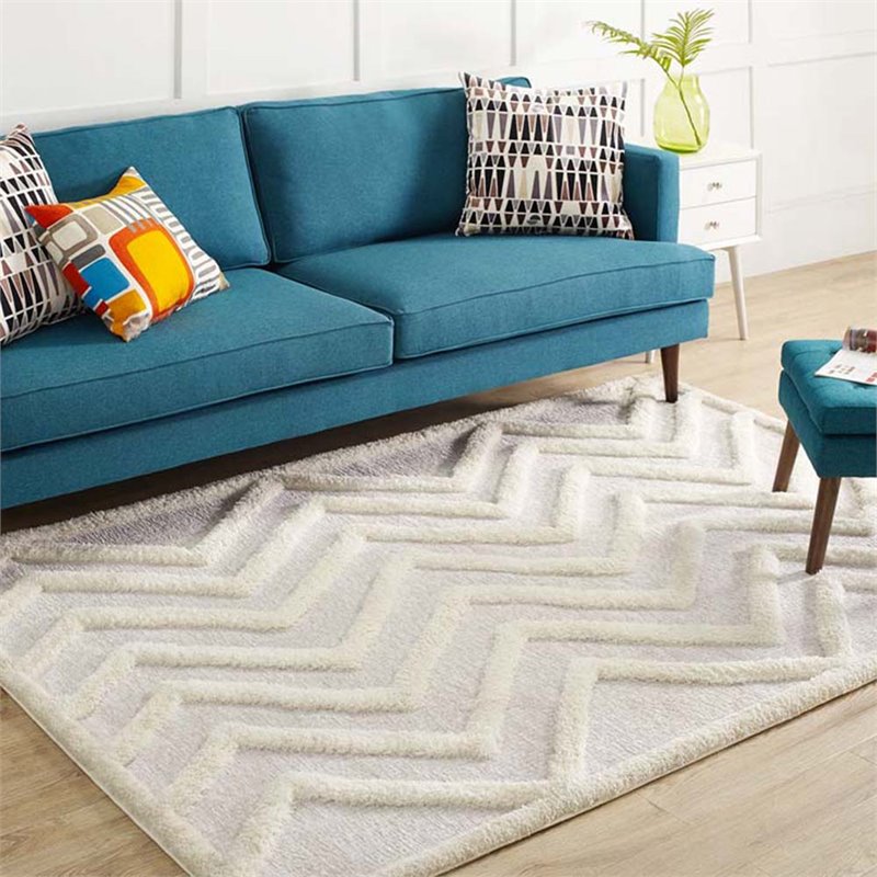 Modway Whimsical 5' x 8' Abstract Chevron Shag Area Rug in Ivory