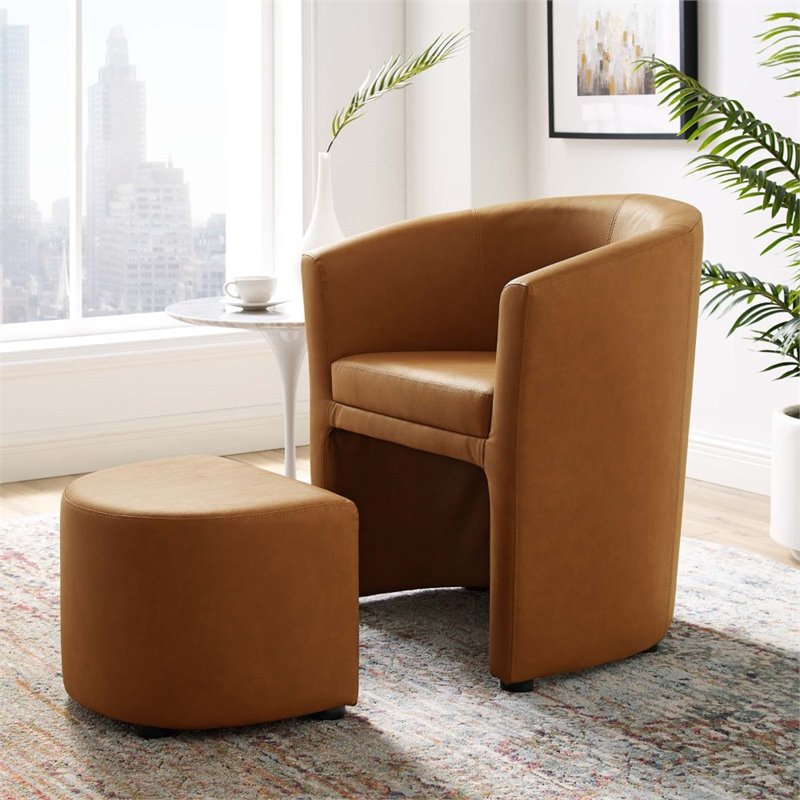 Modway Divulge Modern Faux Leather Armchair and Ottoman in Tan