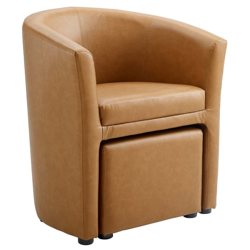 Modway Divulge Modern Faux Leather Armchair and Ottoman in Tan