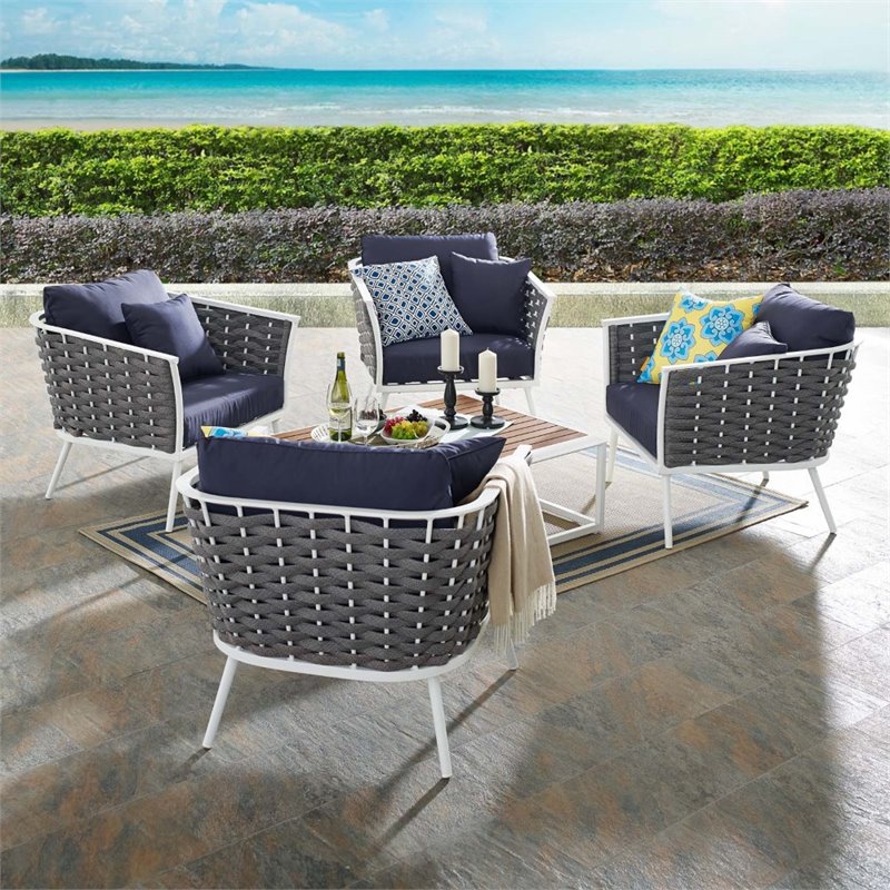 Modway Stance 5-Piece Aluminum & Fabric Patio Set in White and Navy