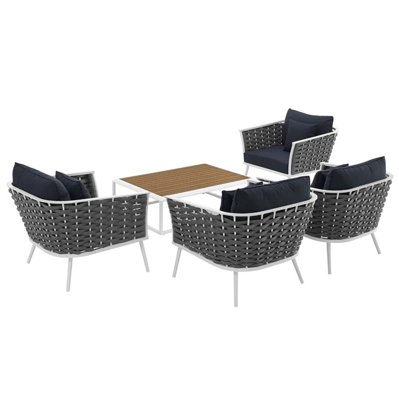 Modway Stance 5-Piece Aluminum & Fabric Patio Set in White and Navy