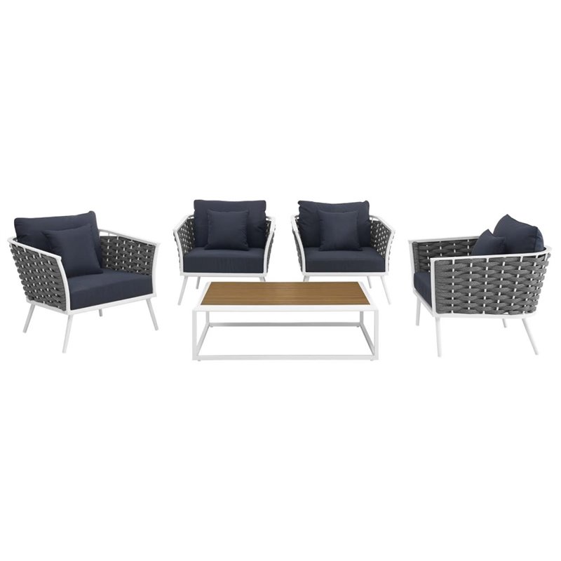 Modway Stance 5-Piece Aluminum & Fabric Patio Set in White and Navy