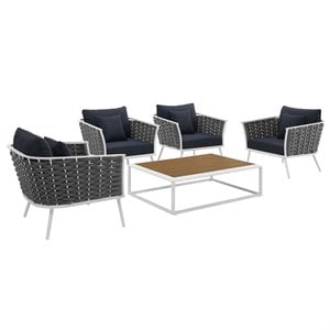 Modway Stance 5-Piece Aluminum & Fabric Patio Set in White and Navy