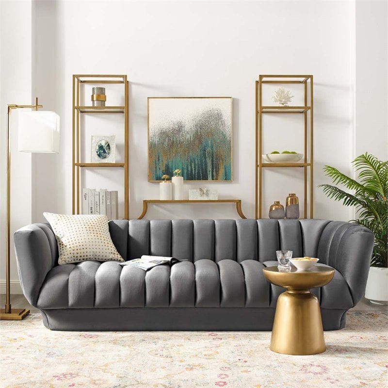 Modway Entertain Vertical Channel Tufted Performance Velvet Sofa in Gray