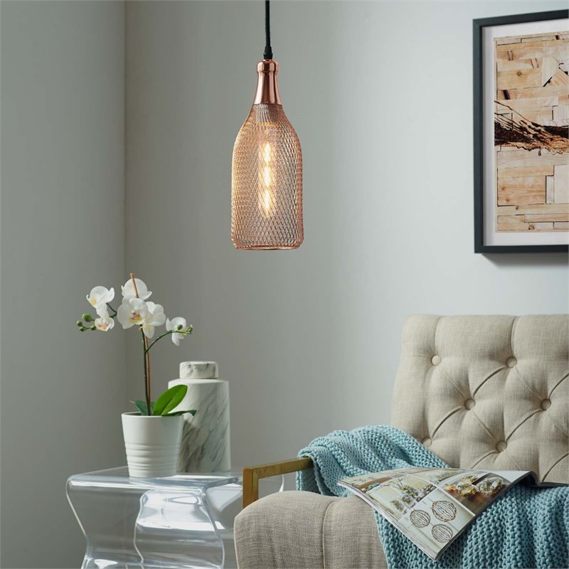 Modway Glimmer Modern Bottle-Shaped Metal Pendant Light in Rose Gold
