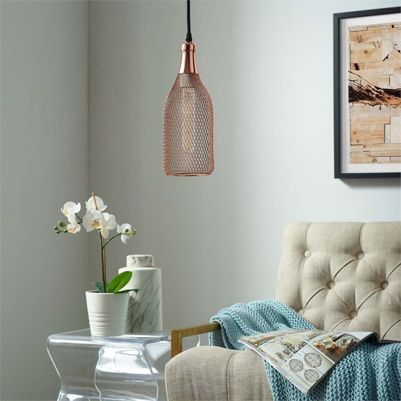 Modway Glimmer Modern Bottle-Shaped Metal Pendant Light in Rose Gold