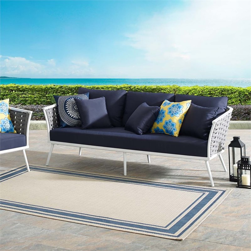 Modway Stance Aluminum & Fabric Patio Sofa in White and Navy