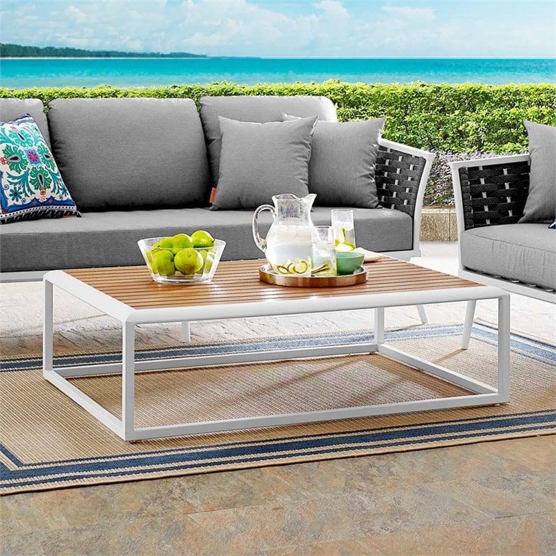 Modway Stance Aluminum & Wood Patio Coffee Table in White and Natural