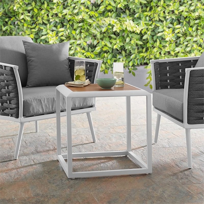 Modway Stance Aluminum Wood Patio Side Table in White and Natural