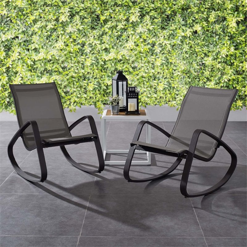 Modway Traveler Aluminum & Mesh Patio Rocking Chair in Black (Set of 2)