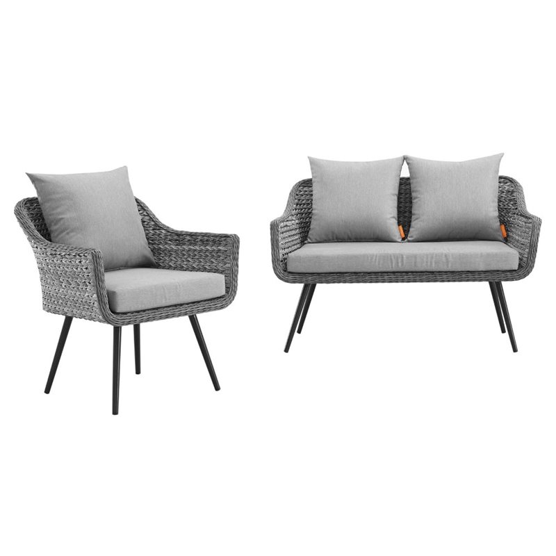 Modway Endeavor 2-Piece Wicker Rattan Patio Loveseat and Armchair Set in Gray