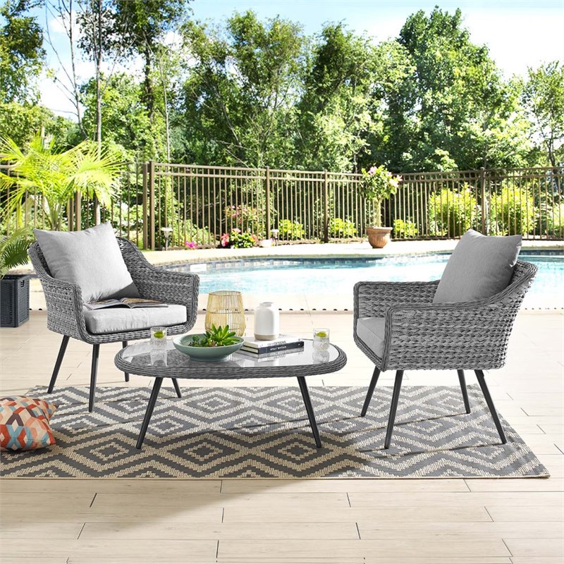 Modway Endeavor 3-Piece Rattan Patio Conversation Set in Gray