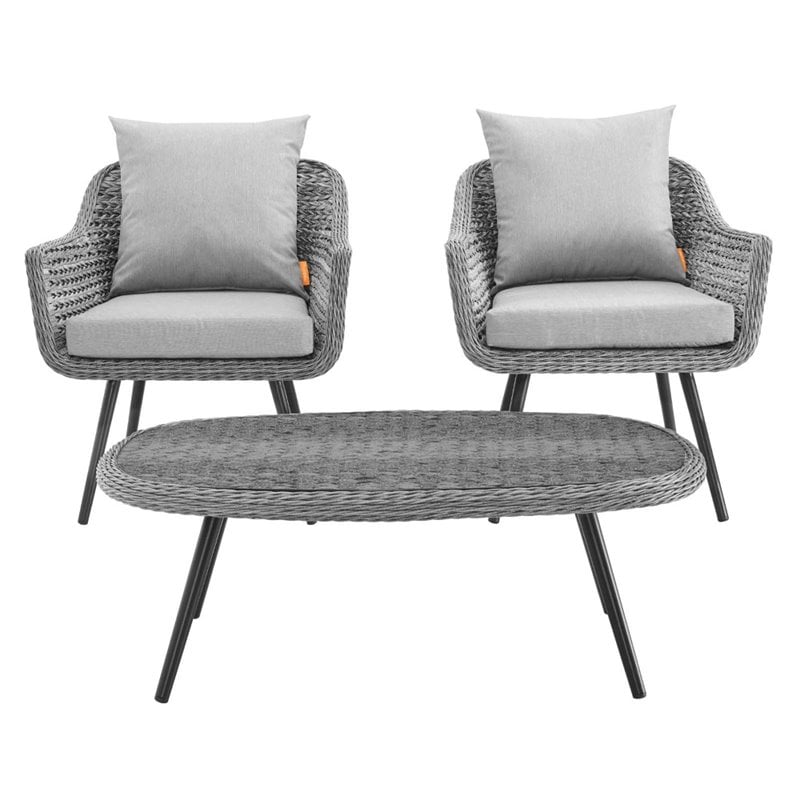 Modway Endeavor 3-Piece Rattan Patio Conversation Set in Gray