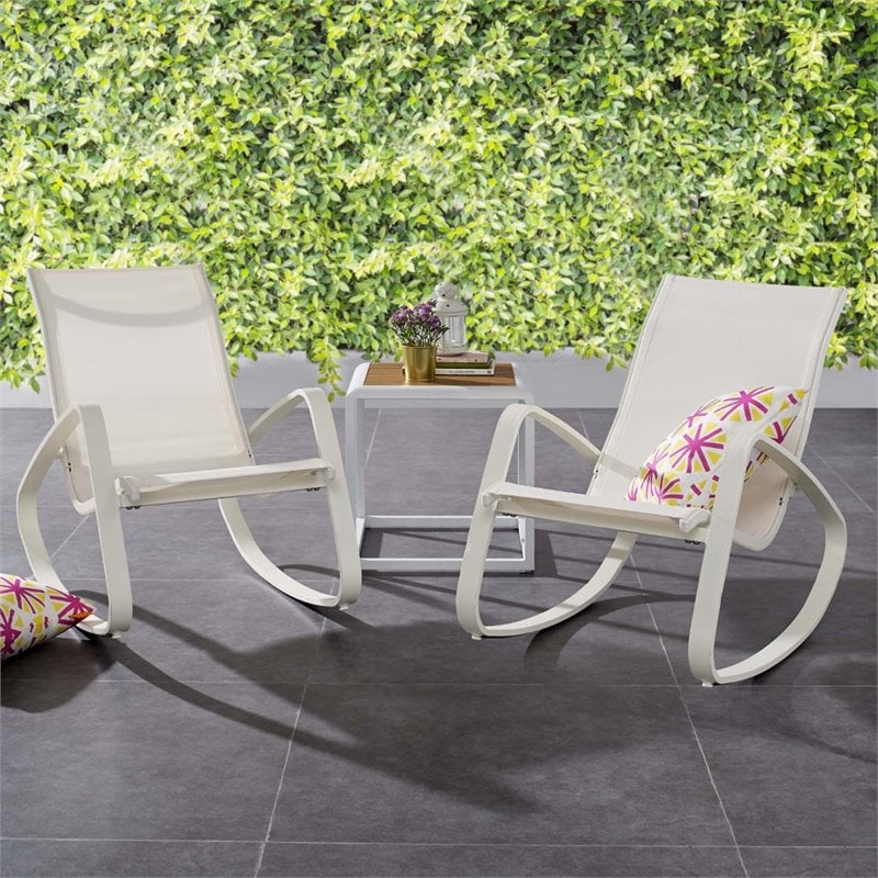 Modway Traveler Aluminum & Mesh Patio Rocking Chair in White (Set of 2)