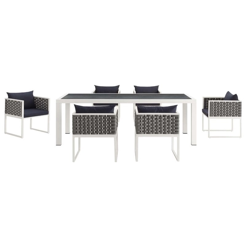 Modway Stance 7-Piece Aluminum & Fabric Patio Dining Set in White and Navy