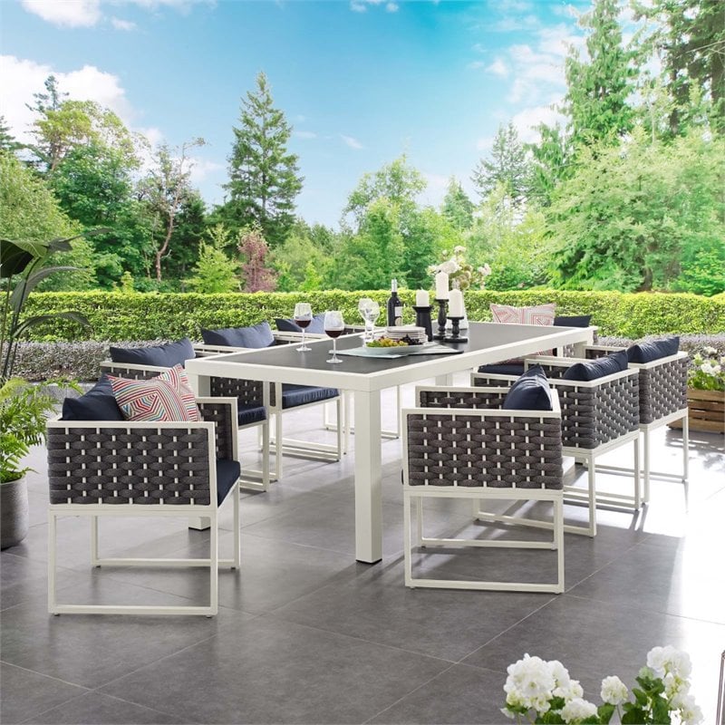 Modway Stance 9-Piece Aluminum & Fabric Patio Dining Set in White and Navy