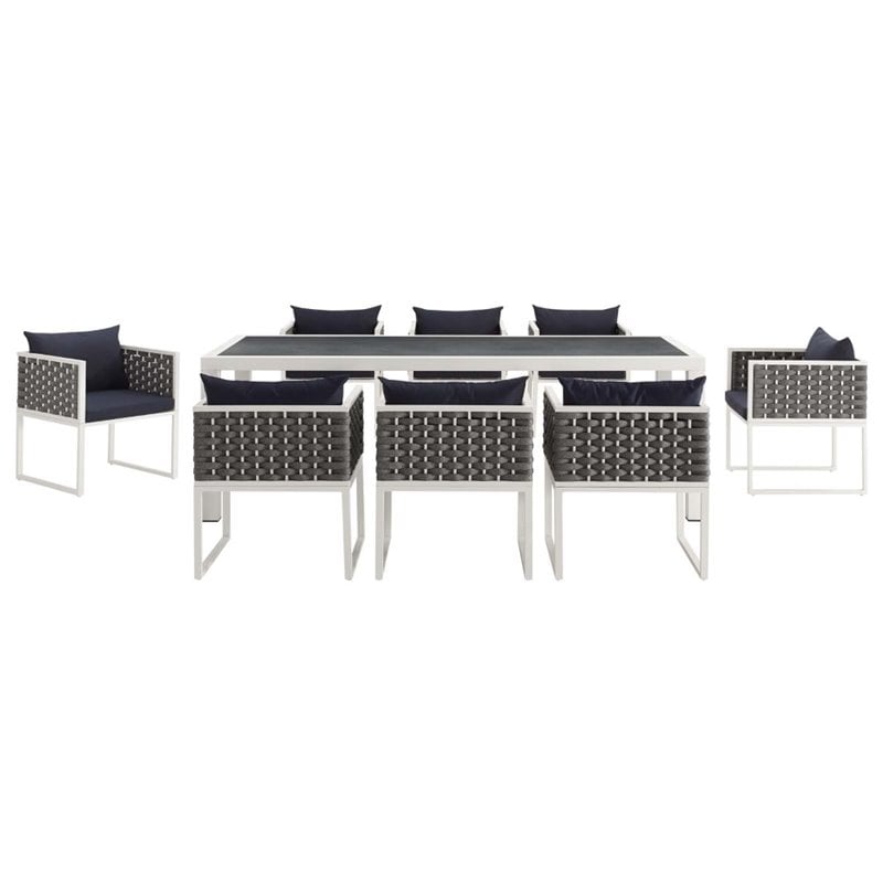Modway Stance 9-Piece Aluminum & Fabric Patio Dining Set in White and Navy